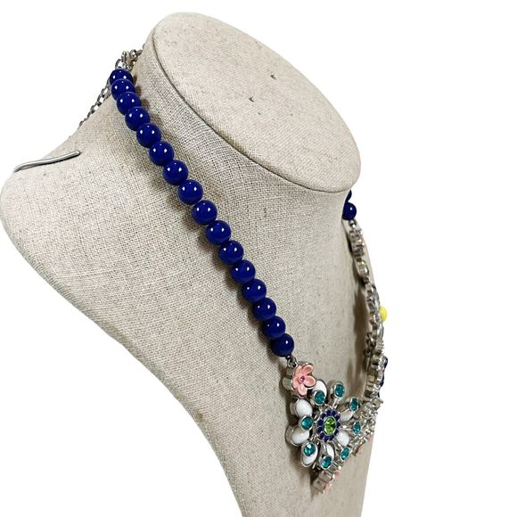 Lia Sophia 3D Flower Rhinestone Statement Bib Necklace w Blue Beads Silvertone - Picture 2 of 11